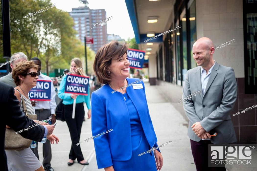 Stock Photo: Gov. Andrew Cuomo's running mate, Kathy Hochul, center, campaigns in the Penn South housing complex in Chelsea in New York.