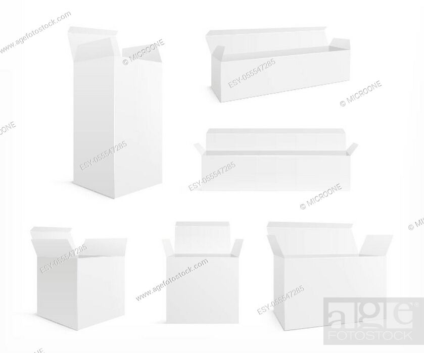 Vector: Open realistic box. White carton opening boxes. Blank cosmetic pack and container mockup. Isolated blank medicine or gift package vector set.