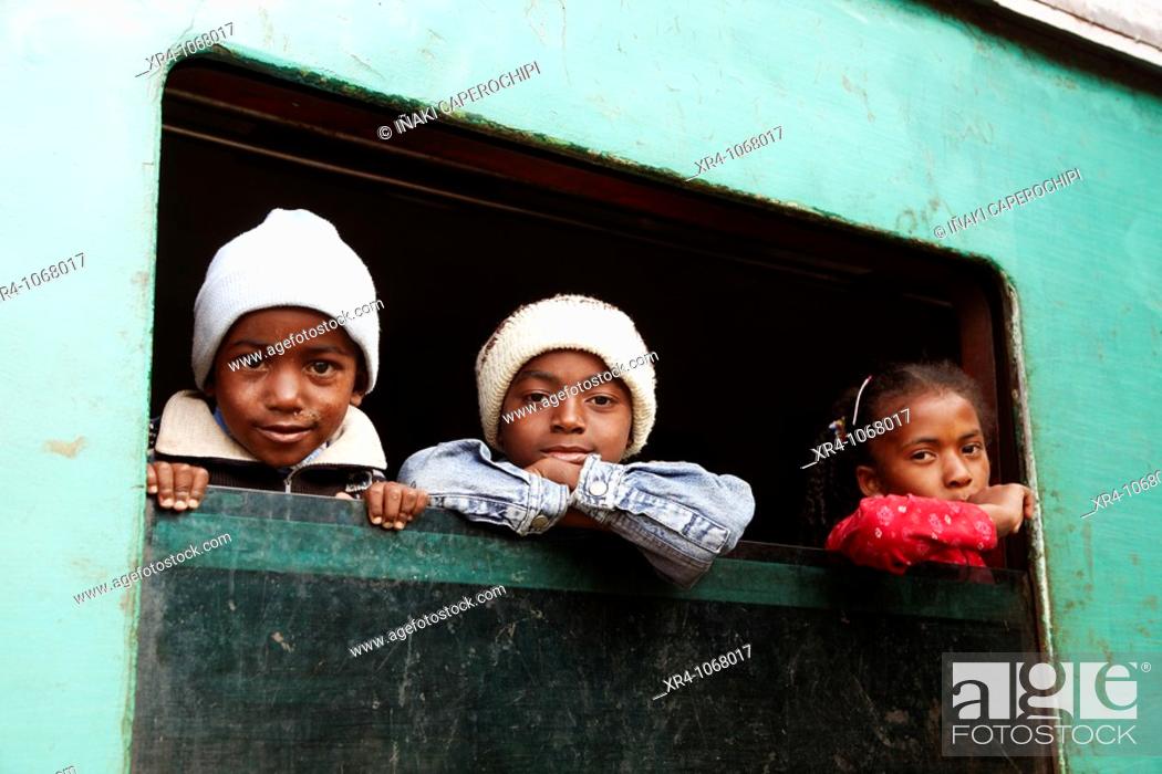 Stock Photo: Children, Madagascar FCE Jungle Express, Fianarantsoa train station,  Fianarantsoa, Madagascar, Africa.
