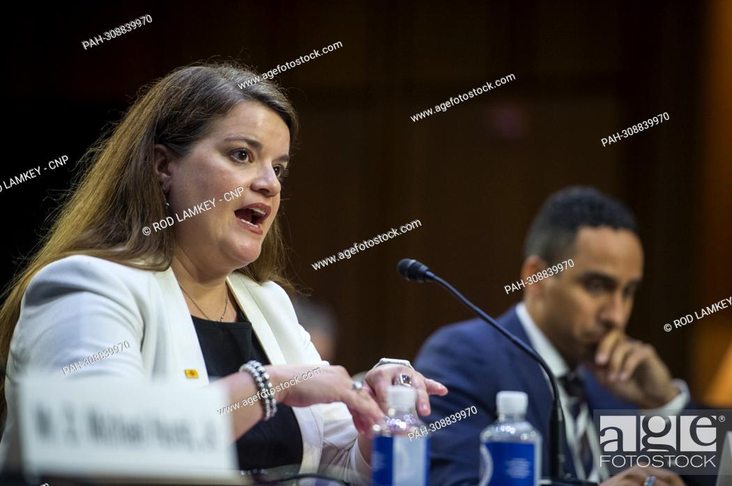 Stock Photo: Maggie Toulouse Oliver, Secretary of State, New Mexico, responds to questions during a Senate Committee on the Judiciary hearing to examine protecting our.
