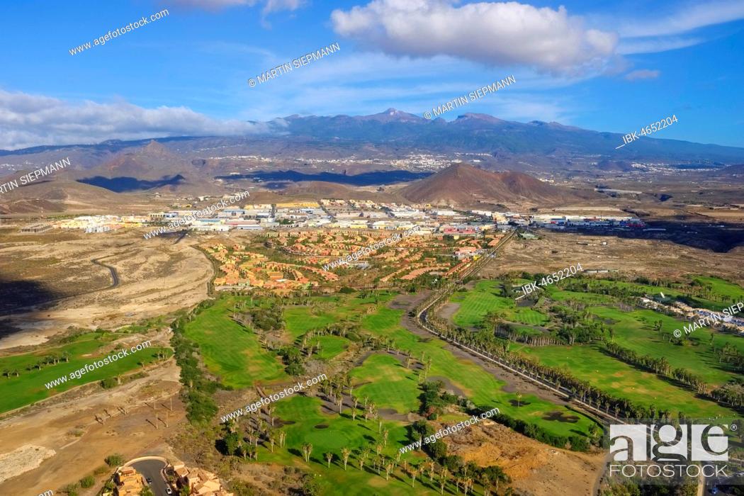 Stock Photo: Golf course Golf del Sur, Las Chafiras near Granadilla de Abona, Tenerife, Canary Islands, Spain, Aerial view.