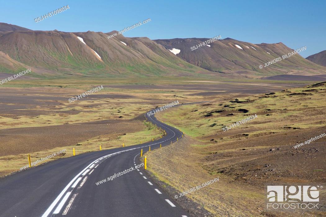 Stock Photo: The ring road in a lonely landscape, Austurland, Iceland.