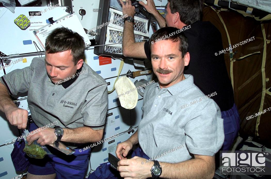 Stock Photo: Astronaut Chris A. Hadfield (center) of the Canadian Space Agency and cosmonaut Yuri V. Lonchakov (left) of Rosaviakosmos.