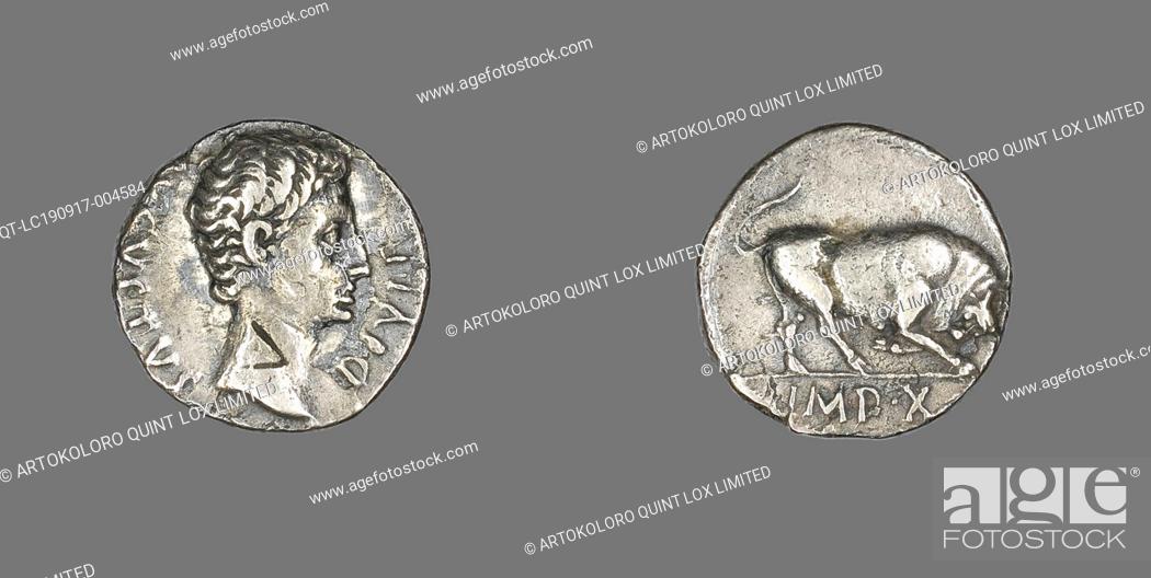 Stock Photo: Denarius (Coin) Portraying Emperor Augustus, 15/13 BC, Roman, minted in Lyons, Roman Empire, Silver, Diam. 1.8 cm, 3.52 g.