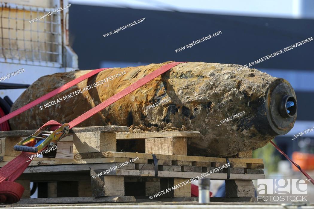 Stock Photo: The bomb found at the site of road works in Rieme, part of Evergem, where a World War Two airplane bomb has been discovered again, Saturday 24 April 2021.