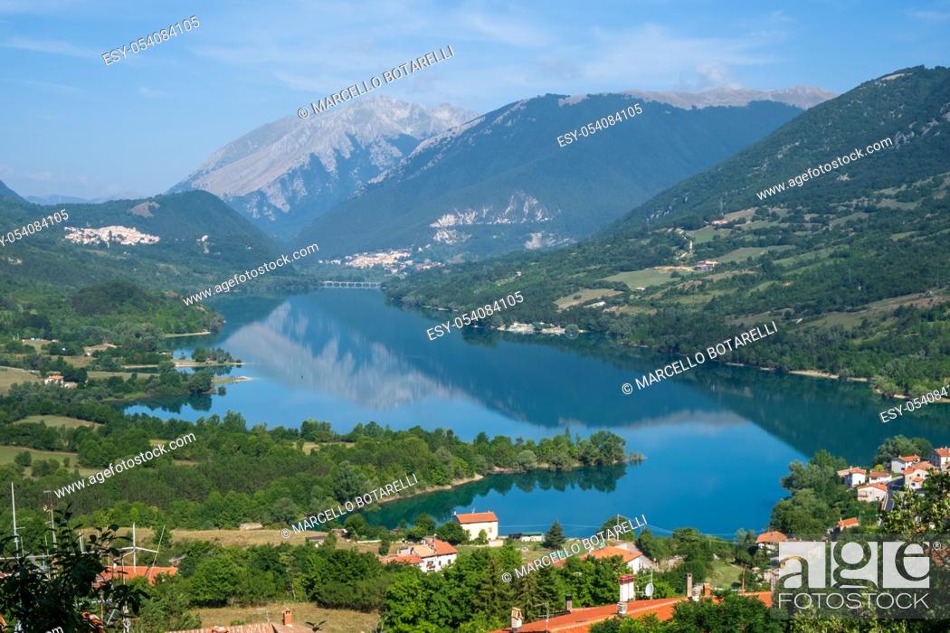 Stock Photo: View of Barrea lake, in National park of Abruzzo, and mountains on background.