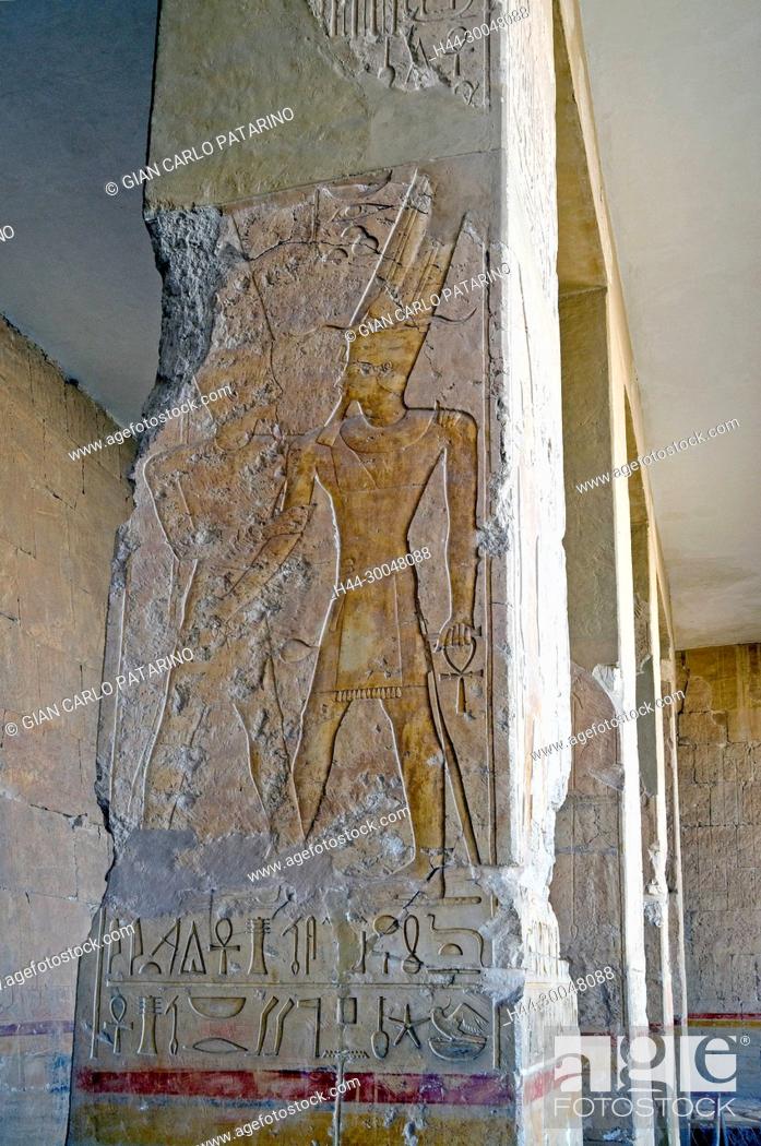 Stock Photo: Deir el Bahari, Luxor, Egypt: temple of the queen Hatshepsut (New Kingdom 1567-1080 b.C.) at Deir el Bahari called Djeser-Djeseru: sculptures on the columns.