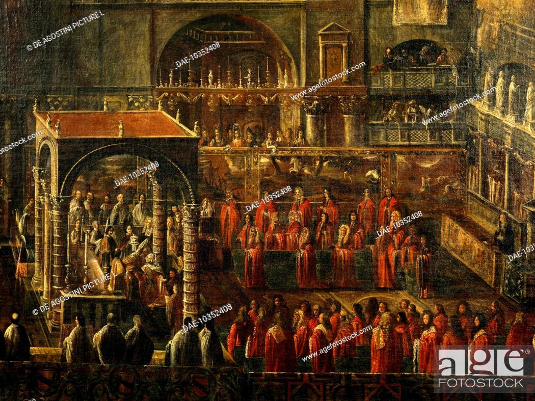 Stock Photo: Church service in San Marco in Venice, for the departure of the fleet against the Turks under the command of Francesco Morosini. Italy, 16th century.