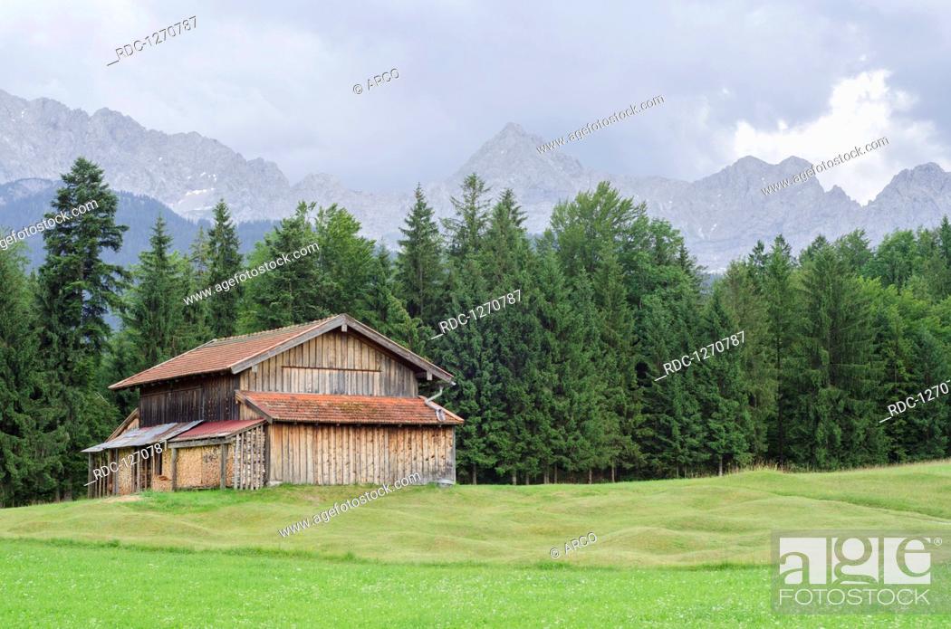 Stock Photo: Characteristic hillside meadows, Werdenfelser Land, Alps, Upper Bavaria, Garmisch-Partenkirchen, Karwendel mountains, Kruen, Mittenwald, Germany, Krün, Krun.