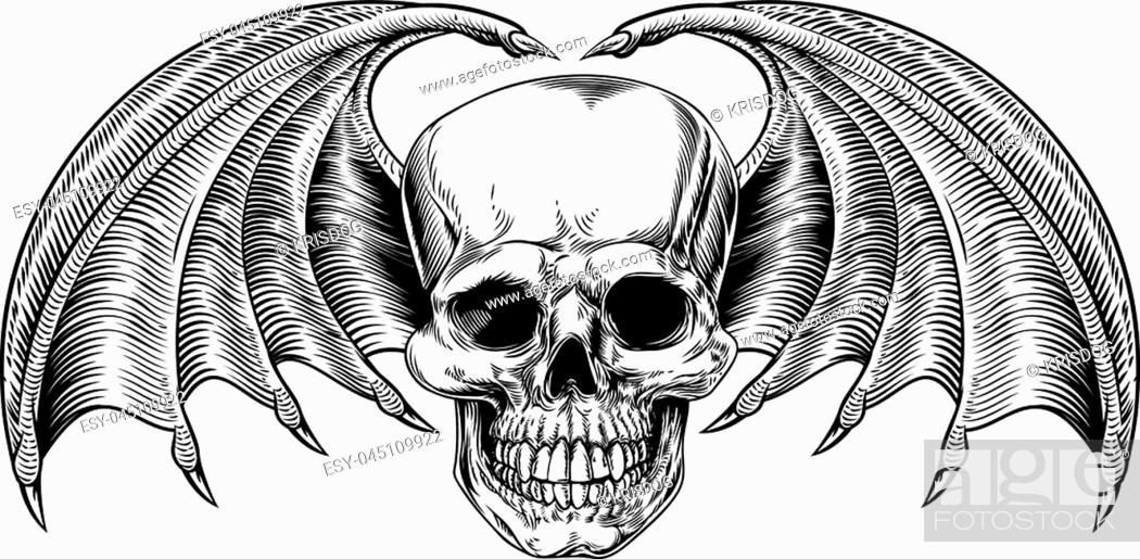 Stock Vector: A winged skull drawing with bat or dragon wings in a vintage retro woodcut etched or engraved style.