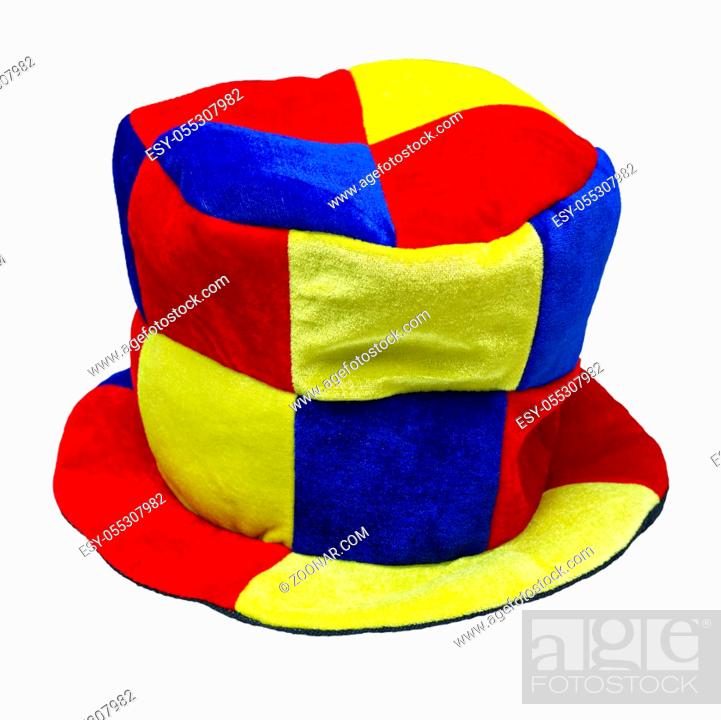 Stock Photo: multi-colored jester hat isolated on white background.