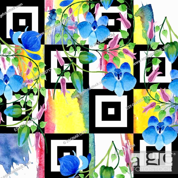 Stock Photo: Ornament of blue flowers. Floral botanical flower. Seamless background pattern. Fabric wallpaper print texture. Aquarelle wildflower for background, texture.