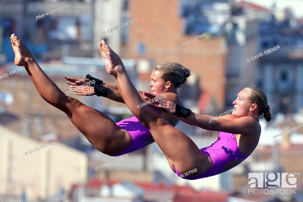 Stock Photo: Tonia Couch and Sarah Barrow of Great Britain in action during the women's 10m Synchro Platform diving final of the 15th FINA Swimming World Championships at.