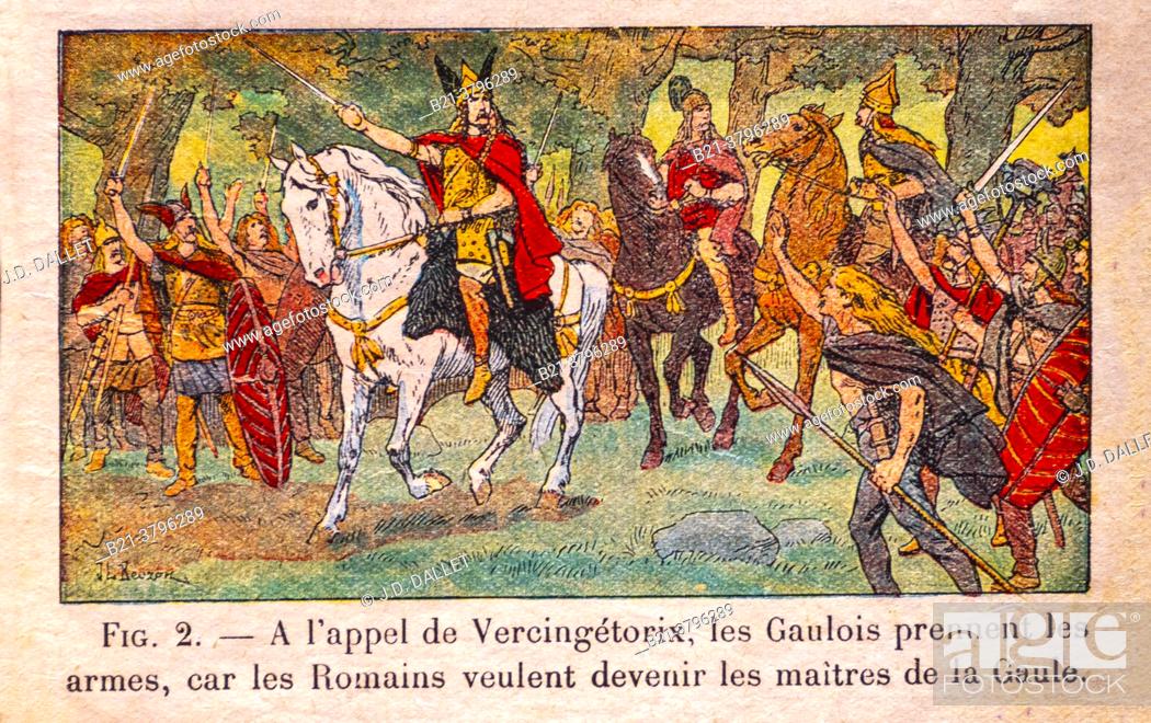 Stock Photo: France, Histoire de France ( Cour Elèmentaire 1er. année, 1933).Vercingetorix (82 BC - 46 BC) was a king and chieftain of the Arverni tribe; he united the Gauls.