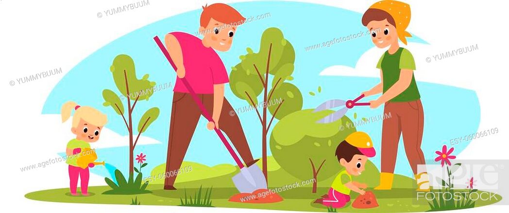 Family gardening. Cartoon parents and children take care of plants, Stock  Vector, Vector And Low Budget Royalty Free Image. Pic. ESY-060066109 |  agefotostock