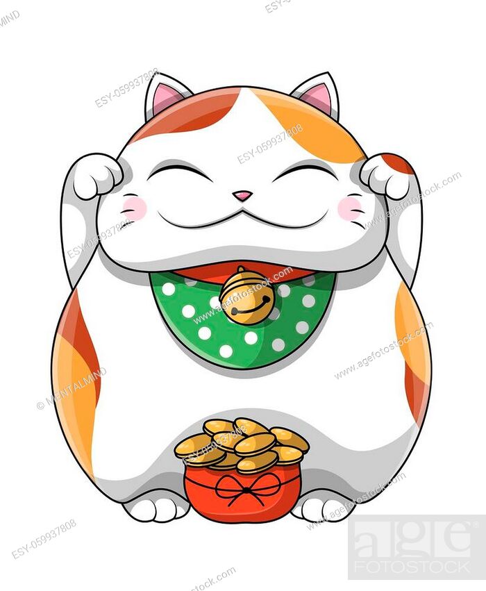Stock Vector: Happy Cute Fat Japanese lucky Cat wearing a bandanna and bell gloating over a pile of gold coins in a success and wealth concept.
