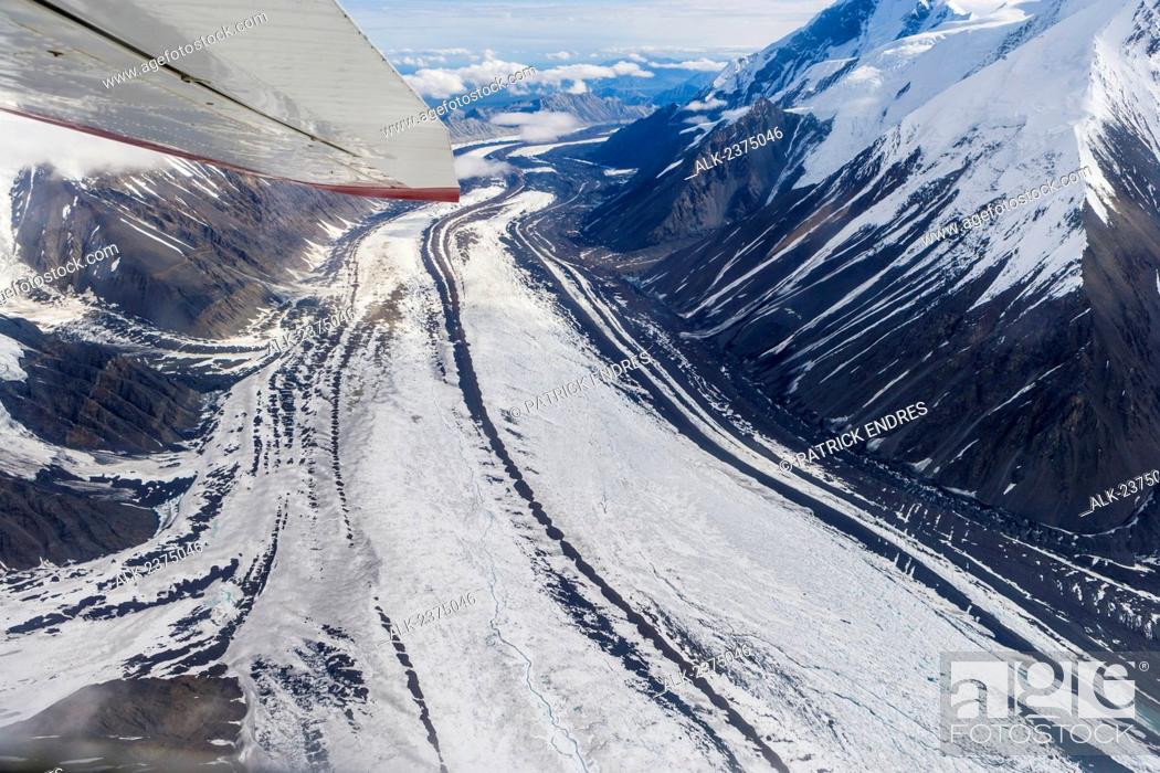 Stock Photo: Aerial of the Muldrow glacier winding out from Mount McKinley, Interior Alaska.