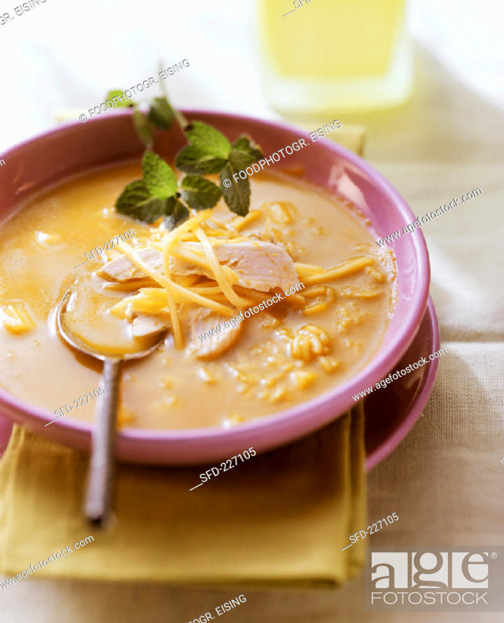 Stock Photo: Mango soup with chicken breast and fresh mint (1).