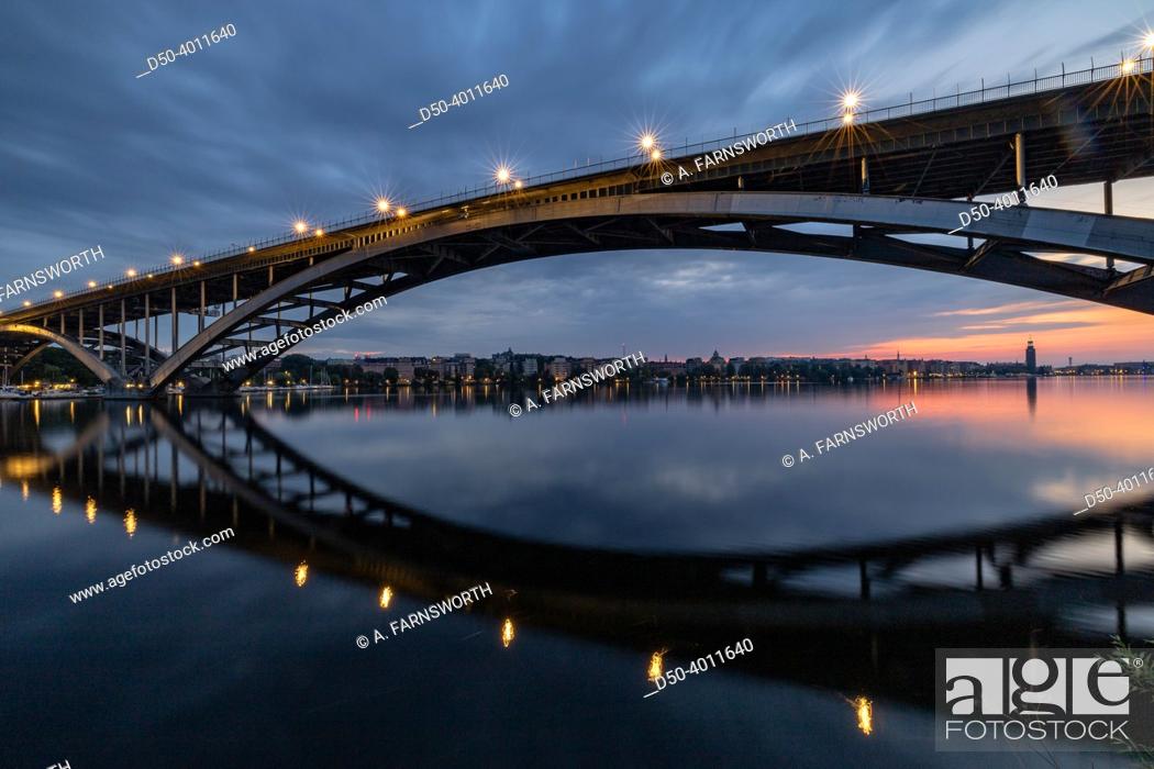 Stock Photo: Stockholm, Sweden The span of Vasterbron, the Western Bridge over the water.