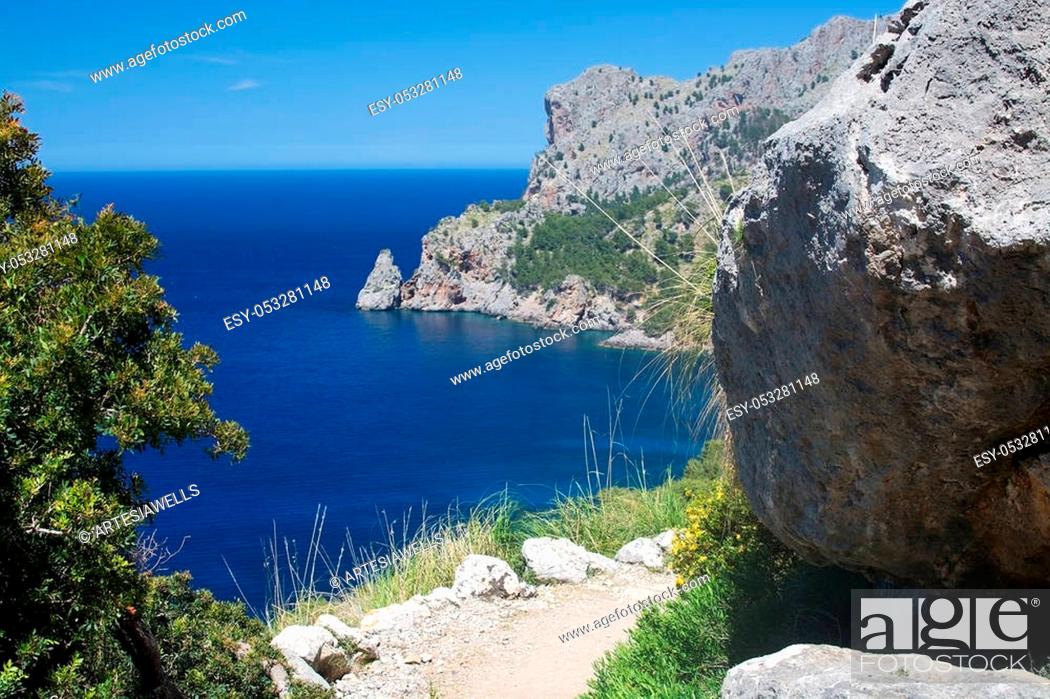 Stock Photo: Walking path nature landscape view in Tramuntana mountains between Soller and Cala Tuent, Mallorca, Spain.