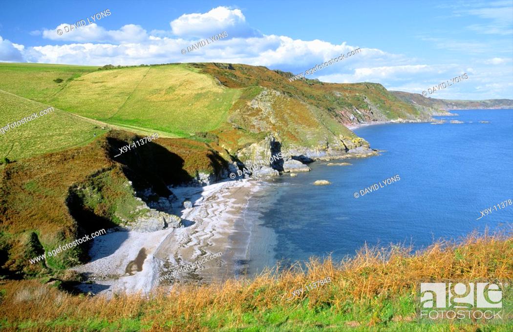 Stock Photo: The South West Coast Path along English Channel cliff coast between Bolt Head and Bolt Tail near Salcombe, Devon, England.