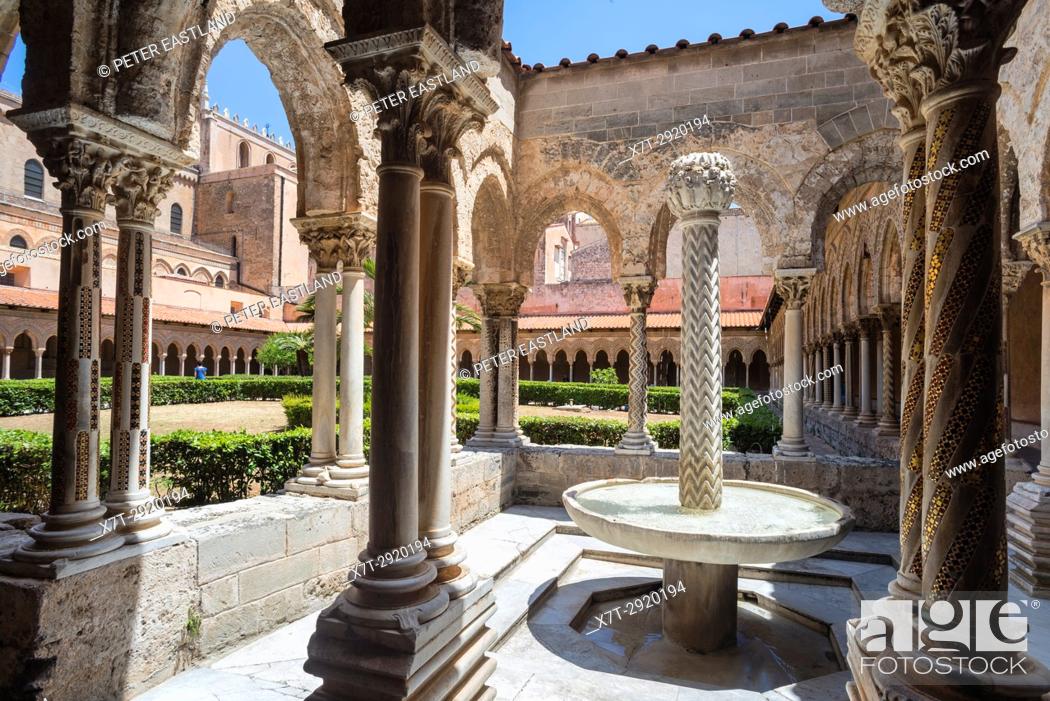 Stock Photo: Decorated columns and fountain in the Lavatorium at The Chiostro dei Benedettini, cloisters, in the cathedral complex at Monreale near Palermo, Sicily, Italy.