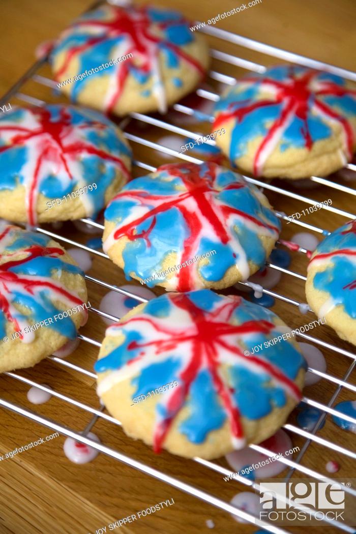 Stock Photo: Union Jack Shortbread Cookies on a Cooling Rack.