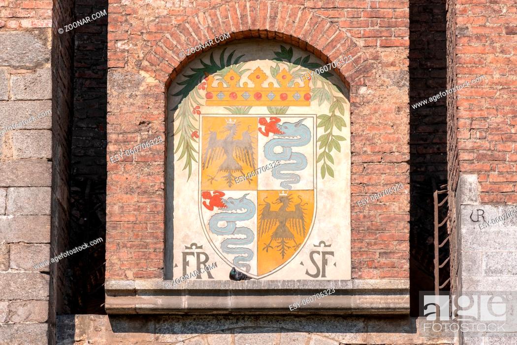 Stock Photo: Coat of arms of the Visconti family in the Sforza Castle. Milan, Italy.