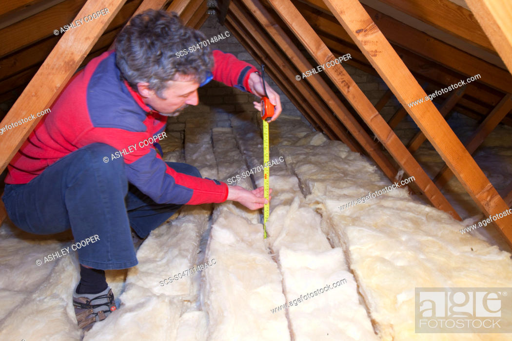 A Man Measuring The Depth Of Insulation In A House Loft Or Roof