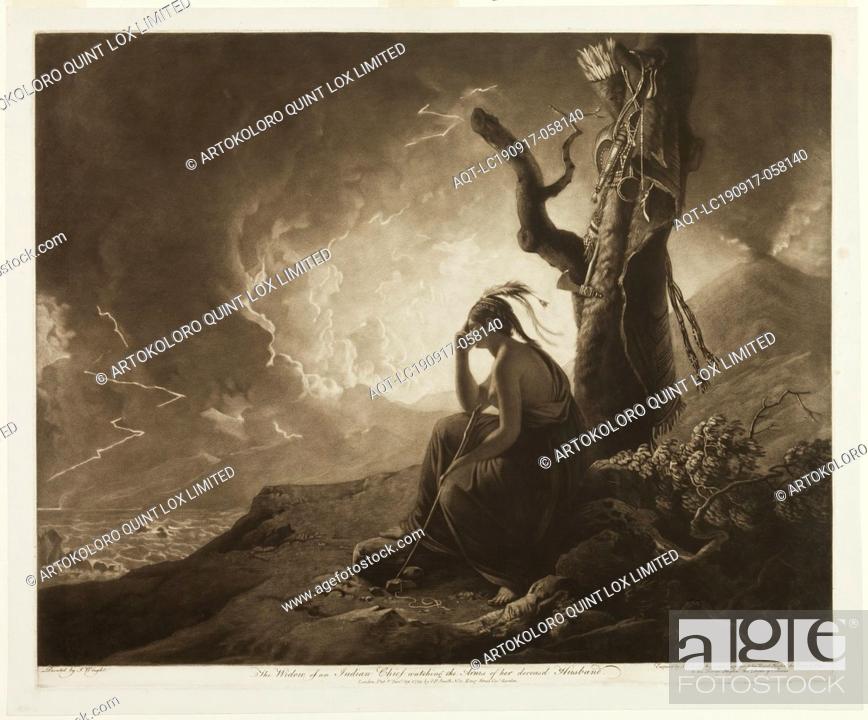 Stock Photo: John Raphael Smith, English, 1752-1812, after Joseph Wright of Derby, English, 1734-1797, Widow of an Indian Chief Watching the Arms of Her Deceased Husband.