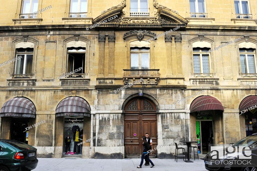 Stock Photo: facade of the former Auditoire or Courthouse in De la Republique street, Pontarlier, Doubs departement, Franche-Comte region, France Europe.