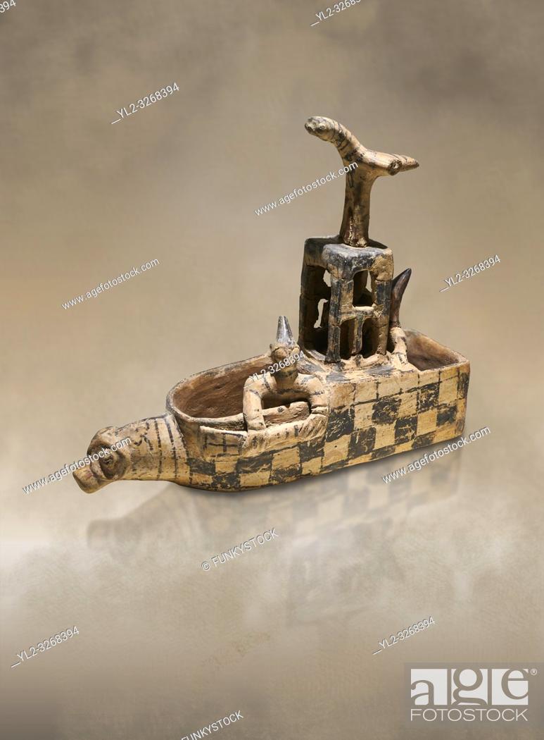 Stock Photo: Assyrian Trader Colony Bronze Age terracotta sandal shaped ritual vessed. This cult pot is boat shaped with an animal head at the front.