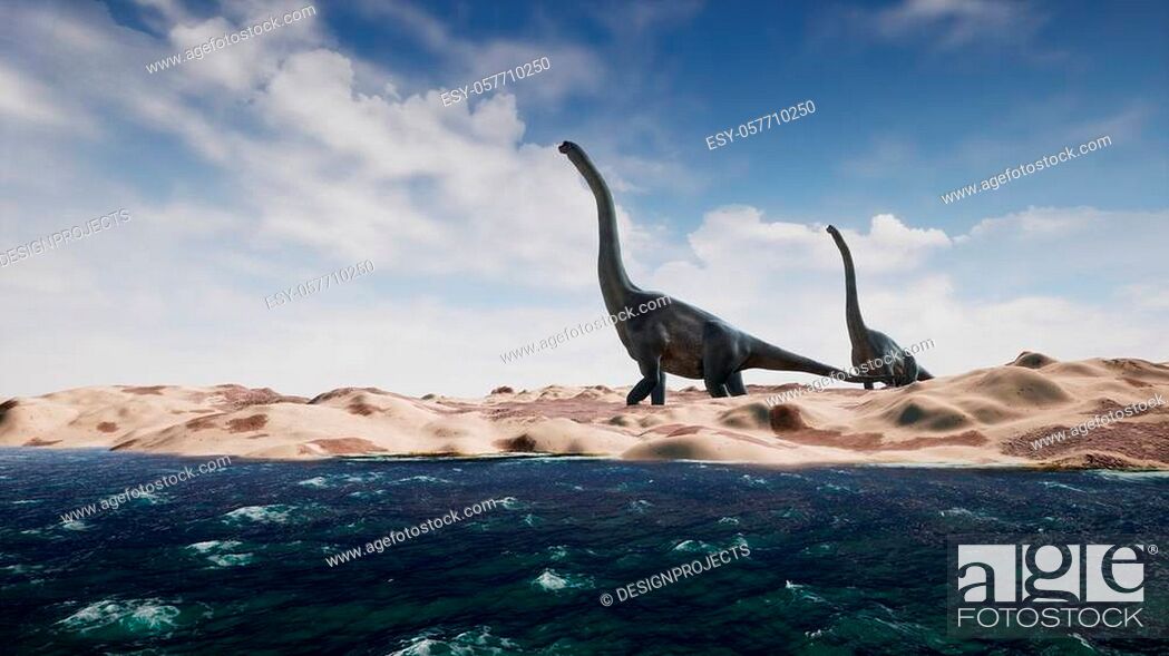 Stock Photo: Dinosaurs in prehistoric period on sand landscape. Realistic render.