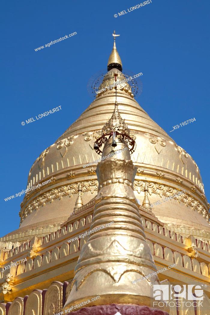 Stock Photo: Golden stupa of Shwezigon Pagoda, near Wetkyi-in and Nyaung U, Bagan, Myanmar, (Burma).