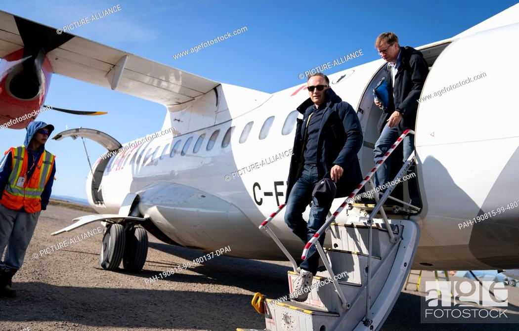 Stock Photo: 15 August 2019, Canada, Pond Inlet: Heiko Maas (SPD, M), Foreign Minister, arrives at the airport in the Canadian Arctic.