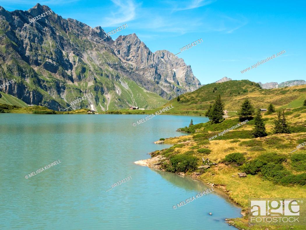 Stock Photo: View of mountains and Trubsee, a natural lake near Engelberg, Swiss Alps, Switzerland, Europe.