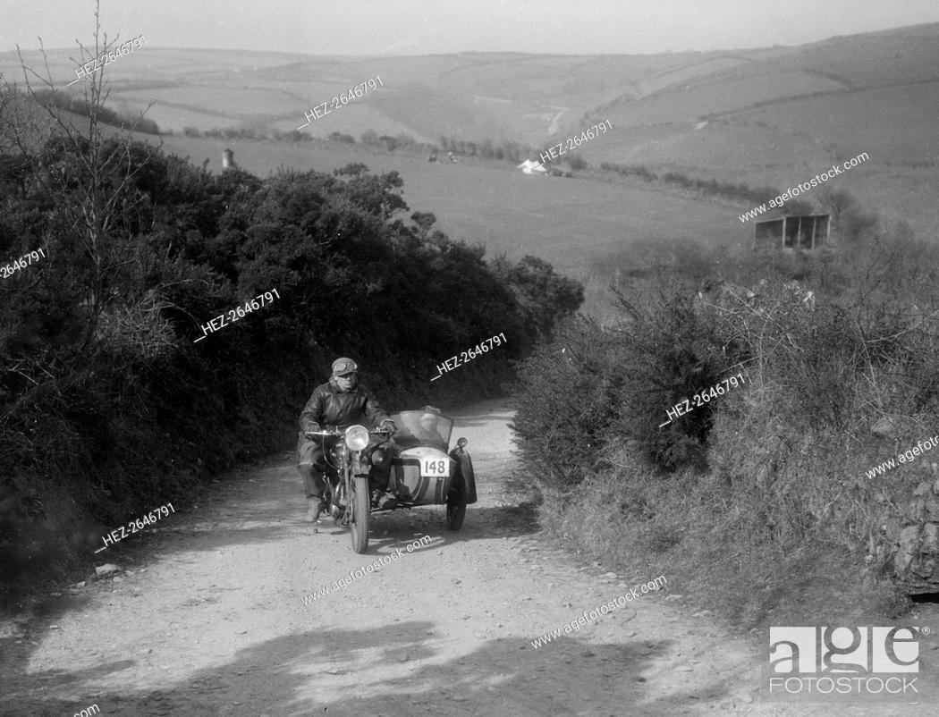 Stock Photo: 497 cc Ariel and sidecar of R Newman at the MCC Lands End Trial, Beggars Roost, Devon, 1936. Artist: Bill Brunell.