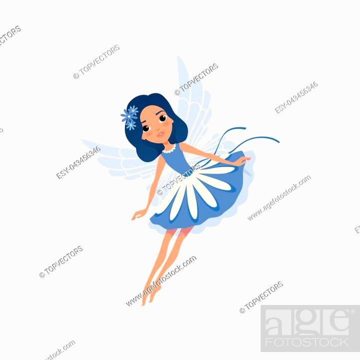 Little pixie in blue fancy dress. Cartoon fairy with magic wings and floral  accessories in hair, Stock Vector, Vector And Low Budget Royalty Free  Image. Pic. ESY-043456346 | agefotostock