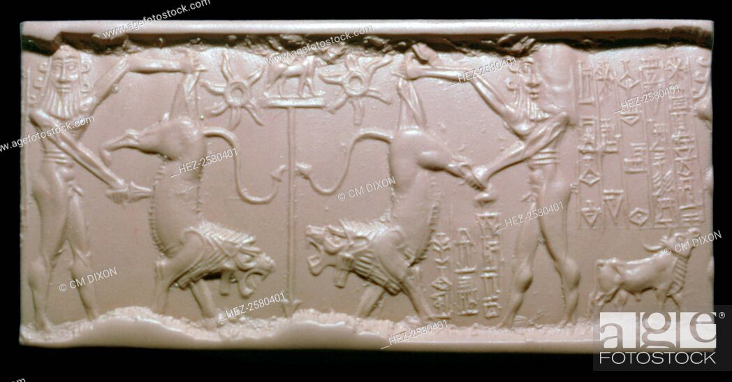 Stock Photo: Akkadian cylinder-seal impression of a hero (possibly Gilgamesh) fighting a lion.