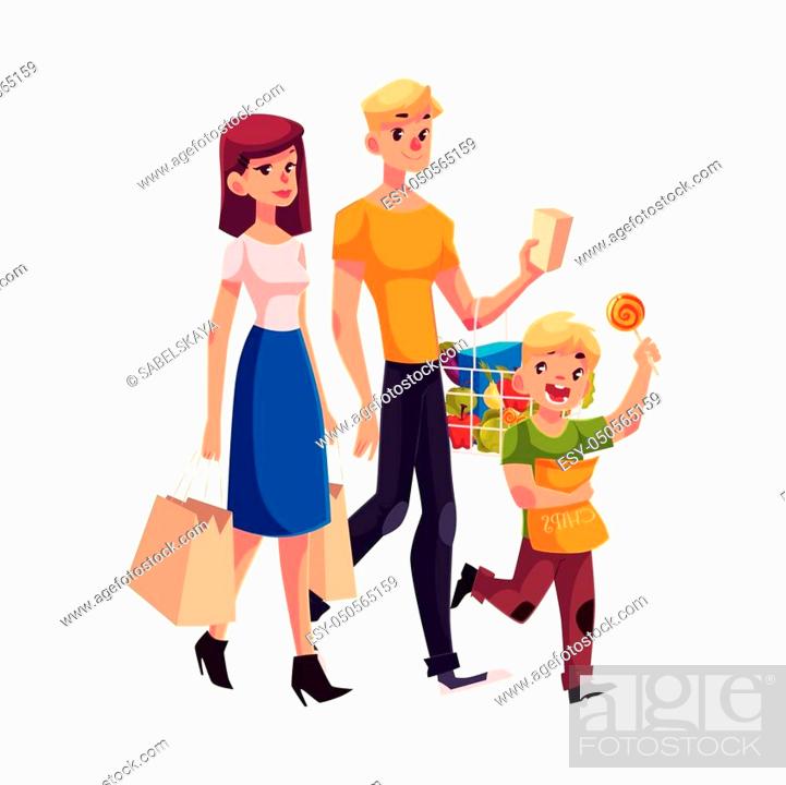 Family of father, mother and son shopping together, cartoon vector  illustration isolated on white..., Stock Vector, Vector And Low Budget  Royalty Free Image. Pic. ESY-050565159 | agefotostock