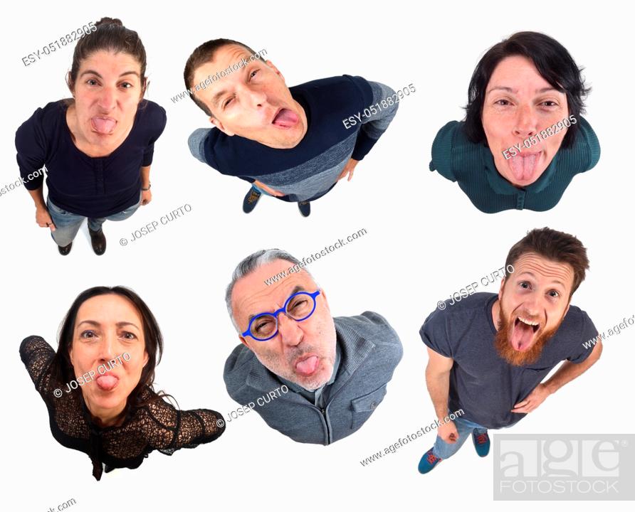 Stock Photo: group of people sticking out her tongue on white.