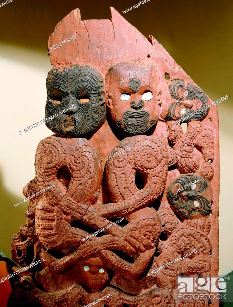 Imagen: Carving from the front of a storehouse depicting the Maori gods, Rangi the sky father and Papa the earth mother, as a copulating couple.