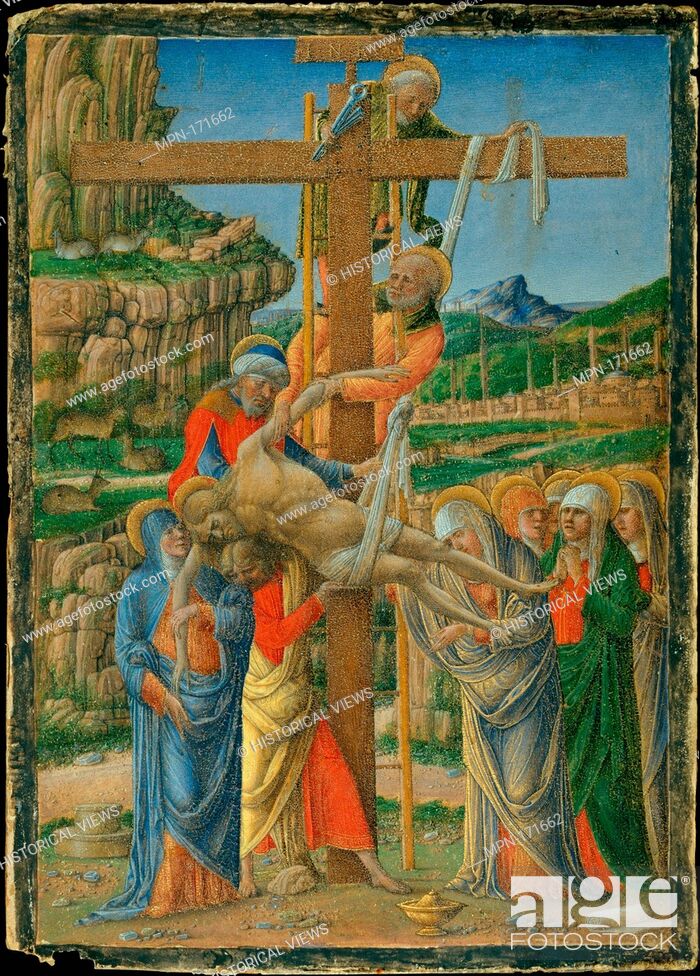 Stock Photo: Descent from the Cross. Artist: Girolamo da Cremona (Italian, active 1451-83); Medium: Tempera on parchment, laid down on wood; Dimensions: 6 1/4 x 4 1/2 in.