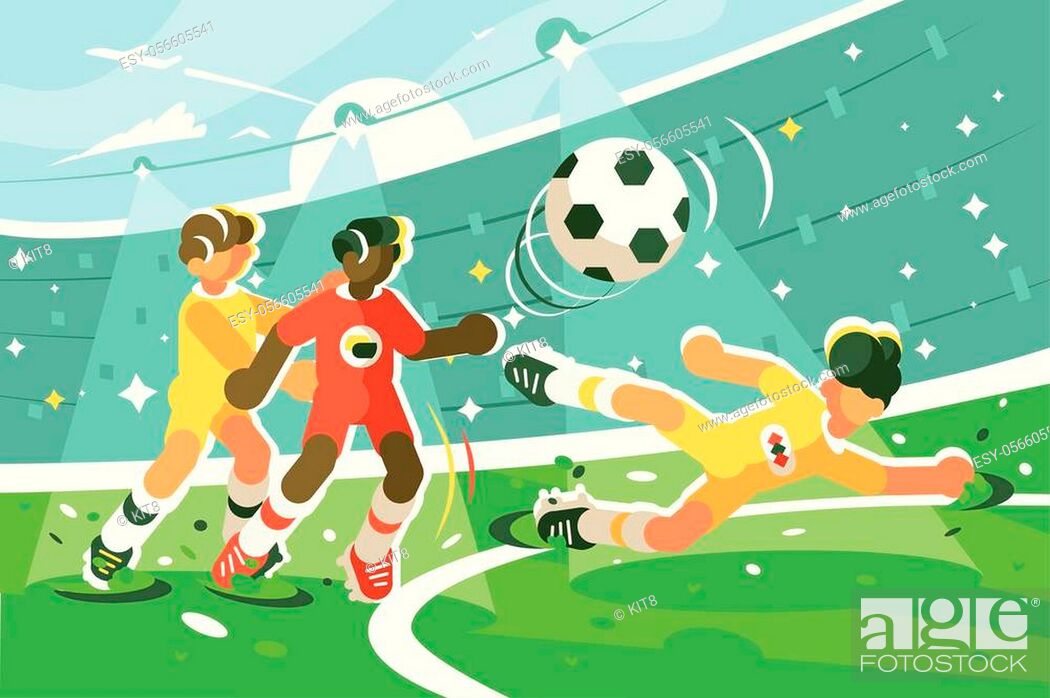 Exciting football match vector illustration. Team of cartoon footballer  playing soccer on green..., Stock Vector, Vector And Low Budget Royalty  Free Image. Pic. ESY-056605541 | agefotostock