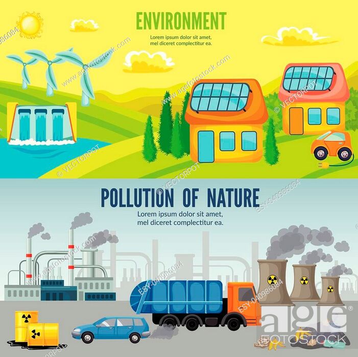 Environmental pollution cartoon horizontal banners with comparison of  ecological clean and polluted..., Stock Vector, Vector And Low Budget  Royalty Free Image. Pic. ESY-040986084 | agefotostock
