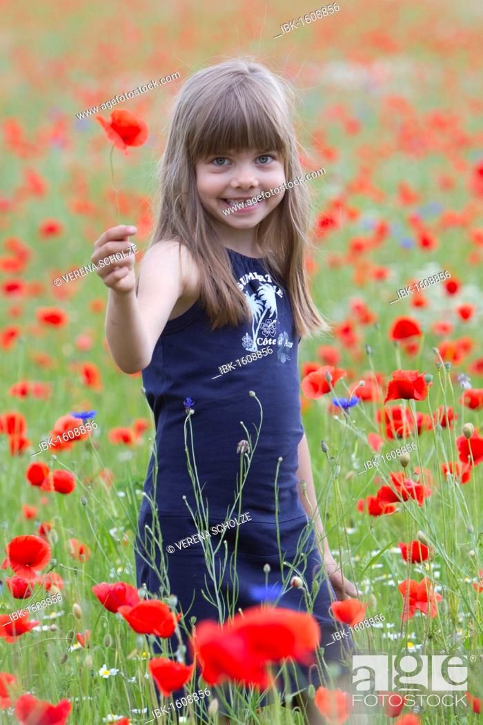 Stock Photo: Little girl standing in a poppy field.