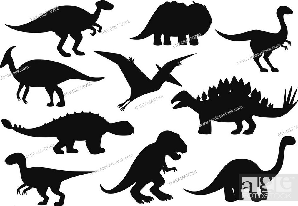 Stock Vector: Dinosaurs icons, Jurassic park dino monsters silhouettes. Vector isolate t-rex tyrannosaurus, brontosaurus and triceraptors, velociraptor and pterodactyl.