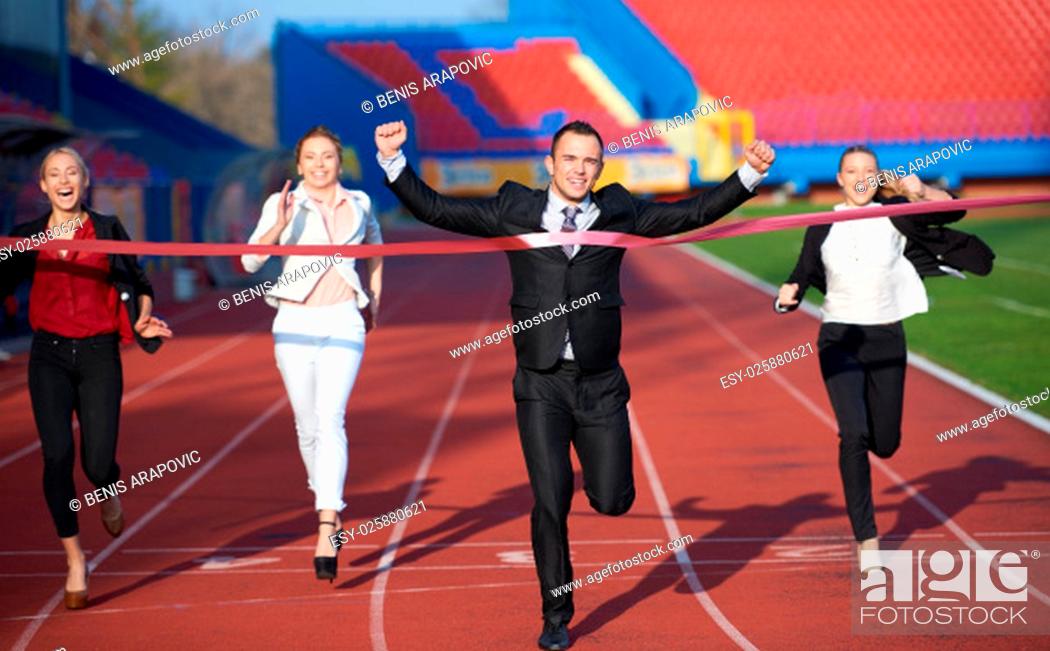 Stock Photo: business people running together on athletics racing track.