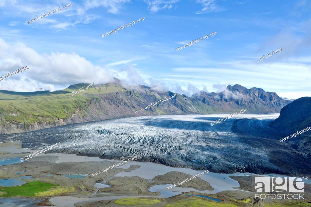 Stock Photo: Aerial view of the glacier tongue of Skaftafellsjoekull Glacier, Southern Region, Iceland.