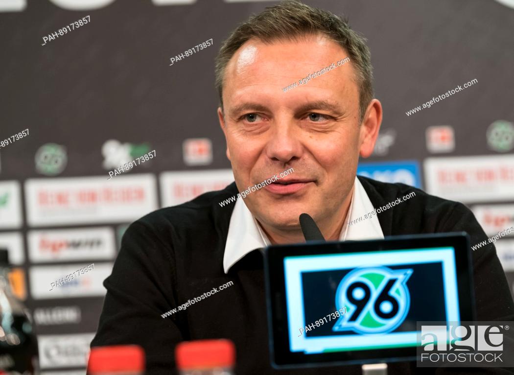 Stock Photo: The new coach of 2nd Bundesliga soccer club Hanover 96, Andre Breitenreiter, speaks during a press conference at the HDI Arena in Hanover, Gemrany.